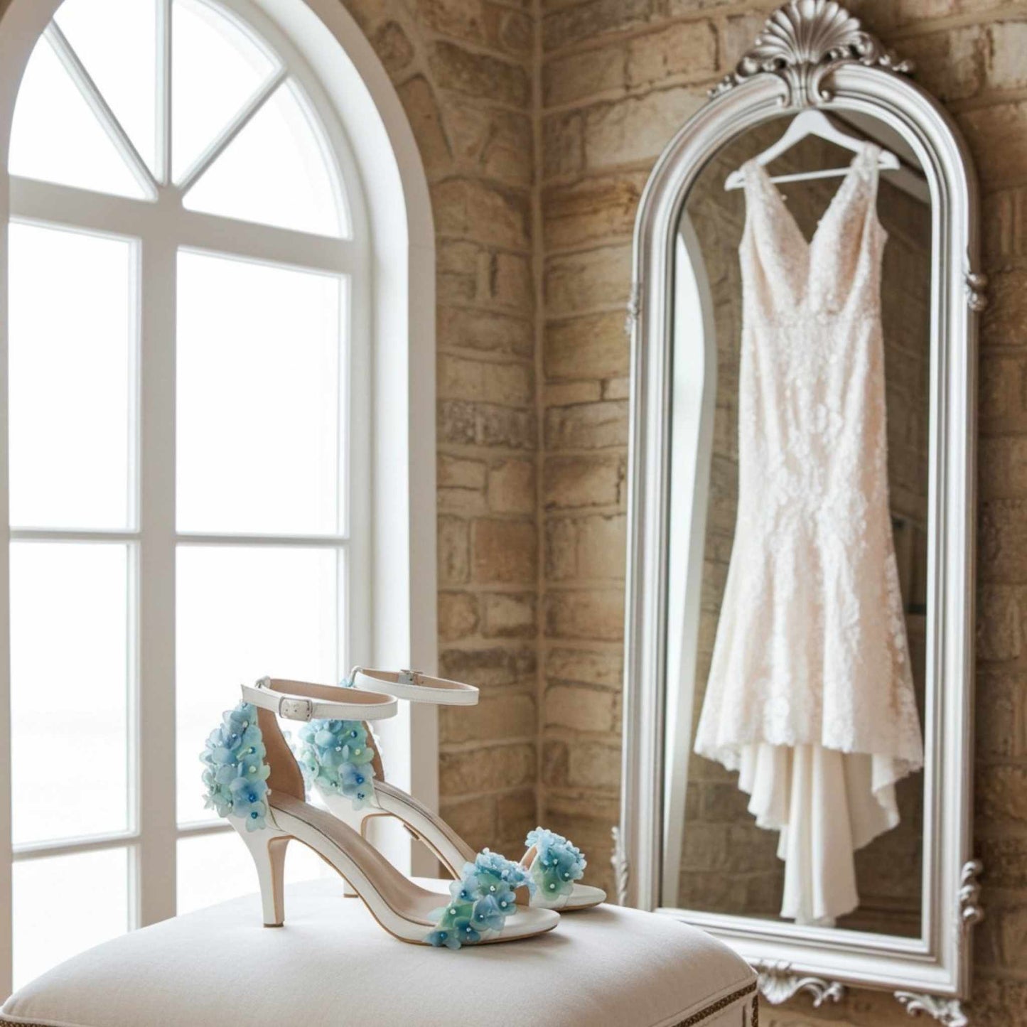 Ivory wedding dress hanging in a mirror with ivory shoes and blue flowers on a cushion by a window.