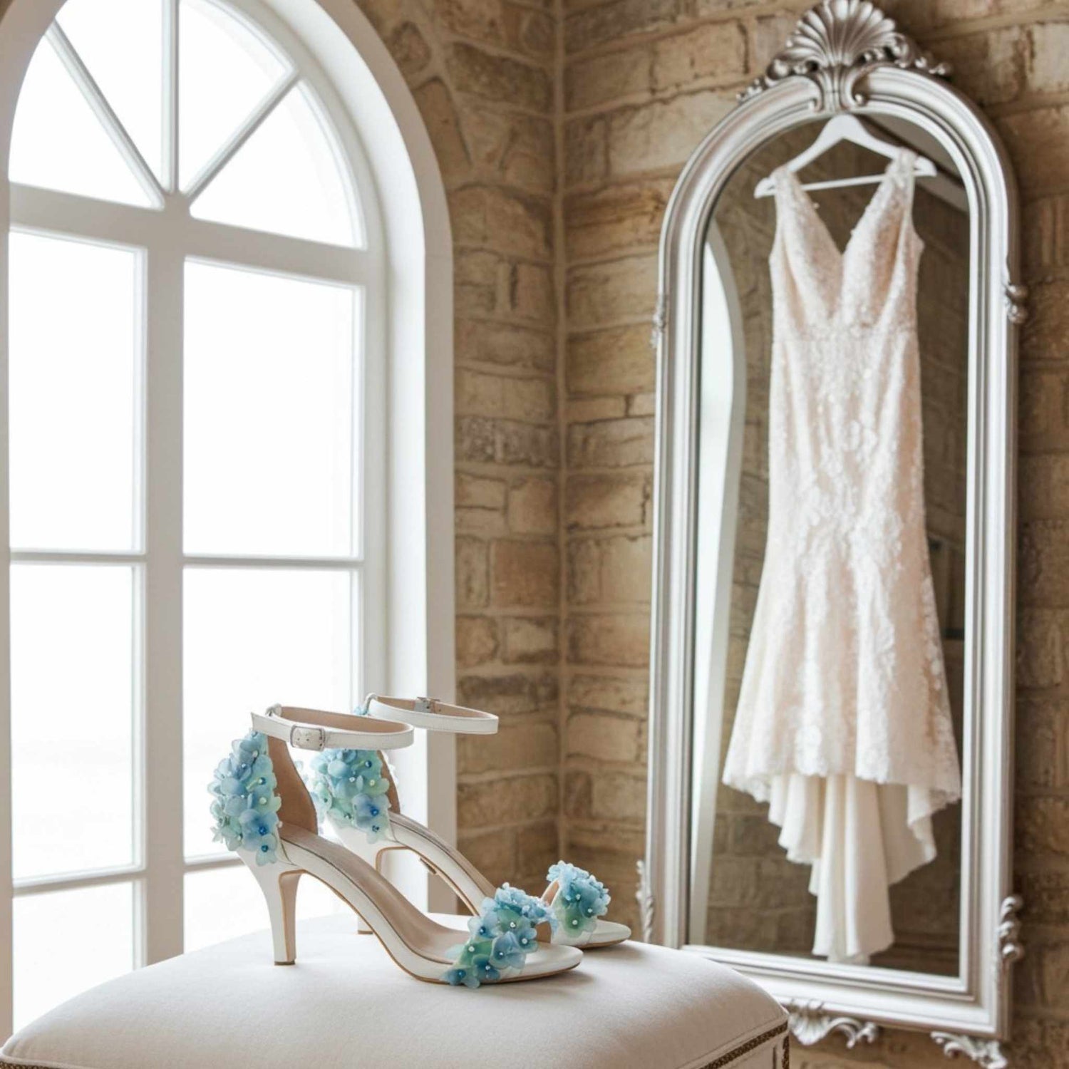 Ivory wedding dress hanging in a mirror with ivory shoes and blue flowers on a cushion by a window.