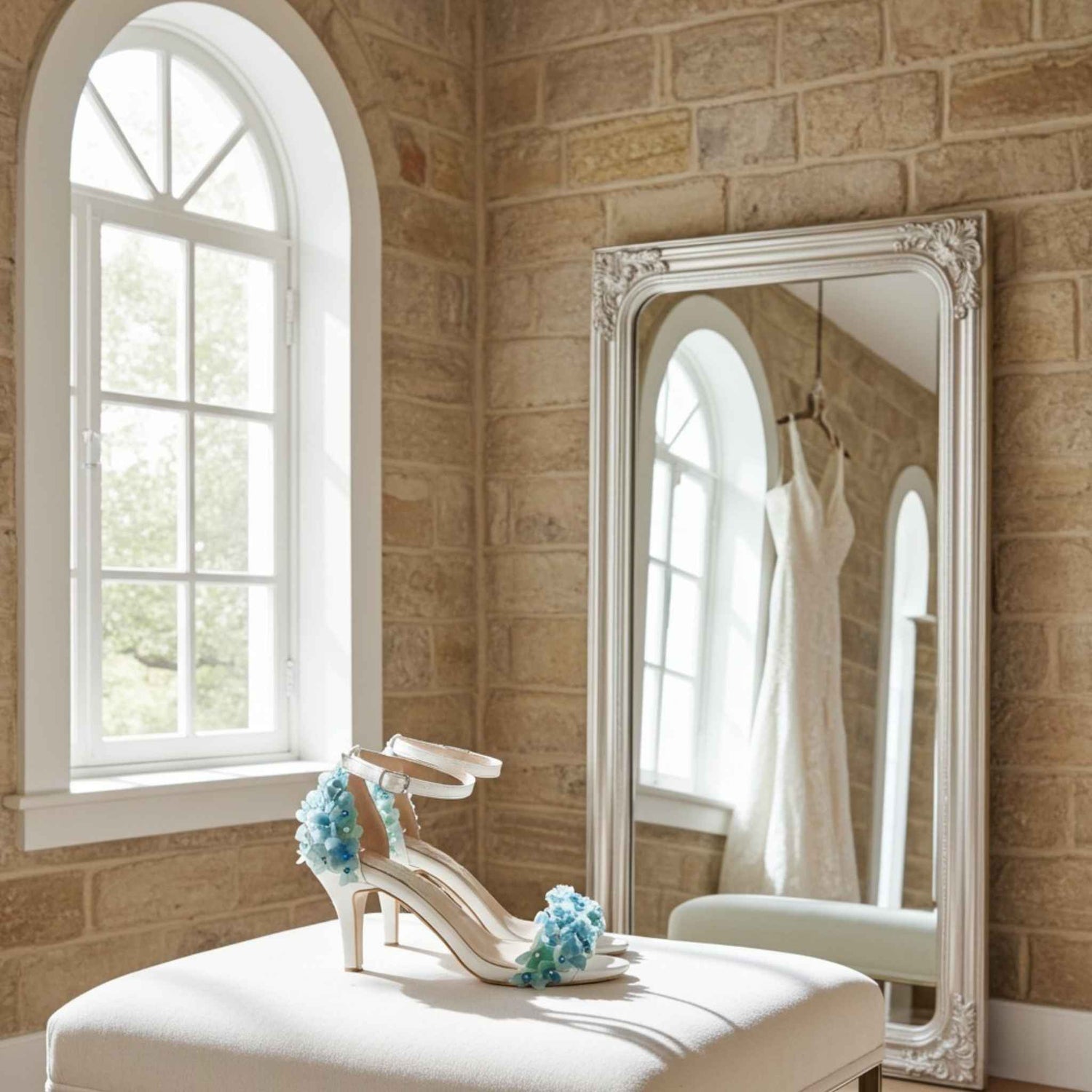 Ivory high-heeled shoe with blue flowers on a white cushion in front of a large mirror reflecting a window.