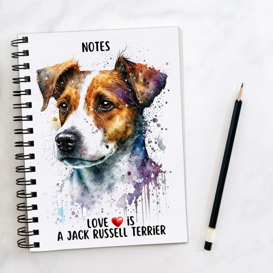 A Jack Russell head shot adorns the front cover of this A5 white spiral bound notebook. A splatter effect background decorates and a black pencil is placed to the right hand side. A quote with a red heart is placed at the bottom of the book.
