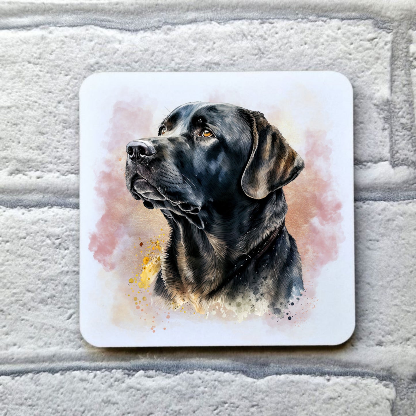 A White drinks coaster with a head shot of a Black Labrador looking left with a pink and gold misty background.  The coaster is placed on a grey, brick effect surface.