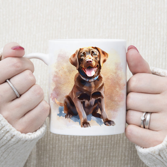 A watercolour image of a Chocolate Labrador sitting in front of a pink and gold misty background. A woman is holding the mug in two hands.