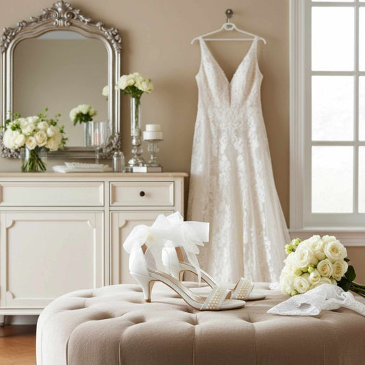 Ivory kitten heels with pearls and wedding dress hanging on a rack in a room with flowers and a mirror.