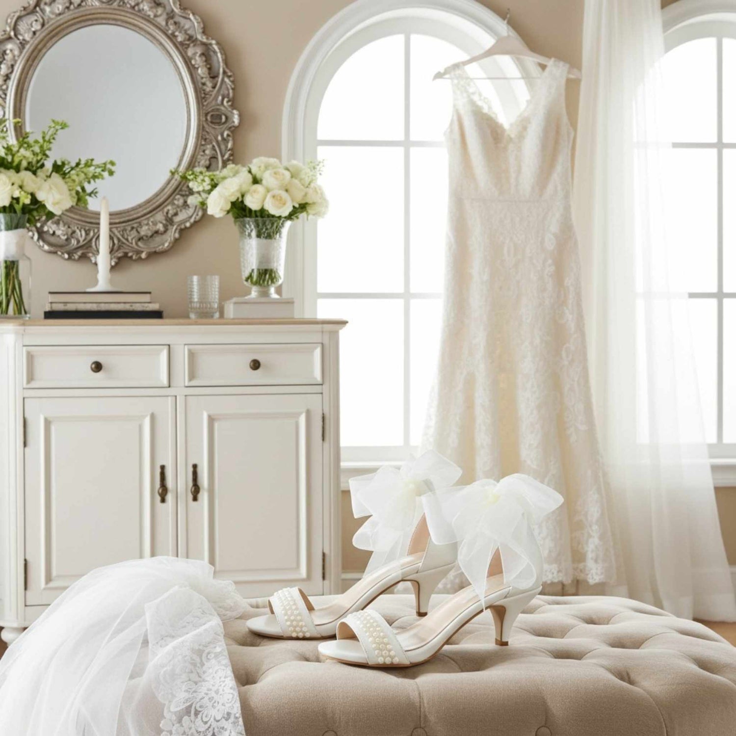 White high-heeled shoes with bows and pearls on an ottoman in a bedroom setting.