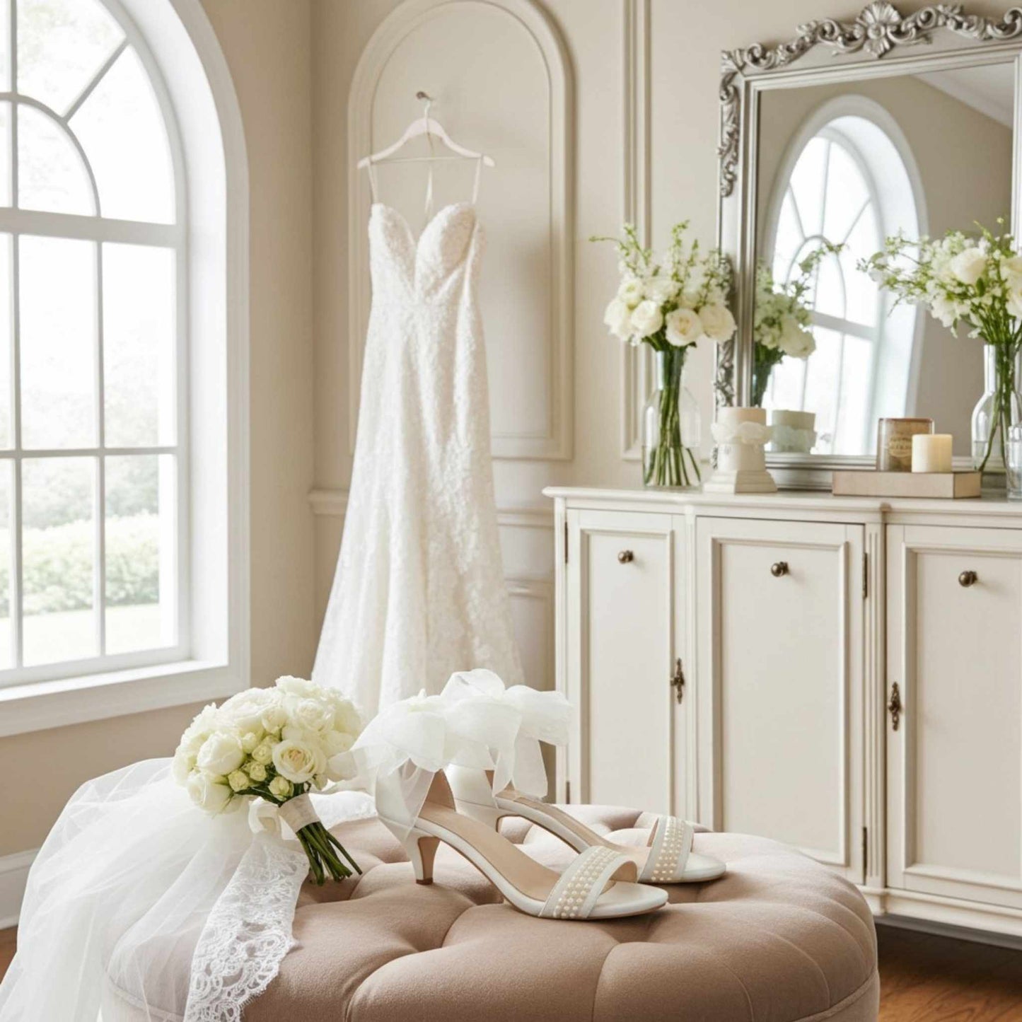 Wedding dress hanging on a rack with pearl bridal shoes and flowers in a decorated room.