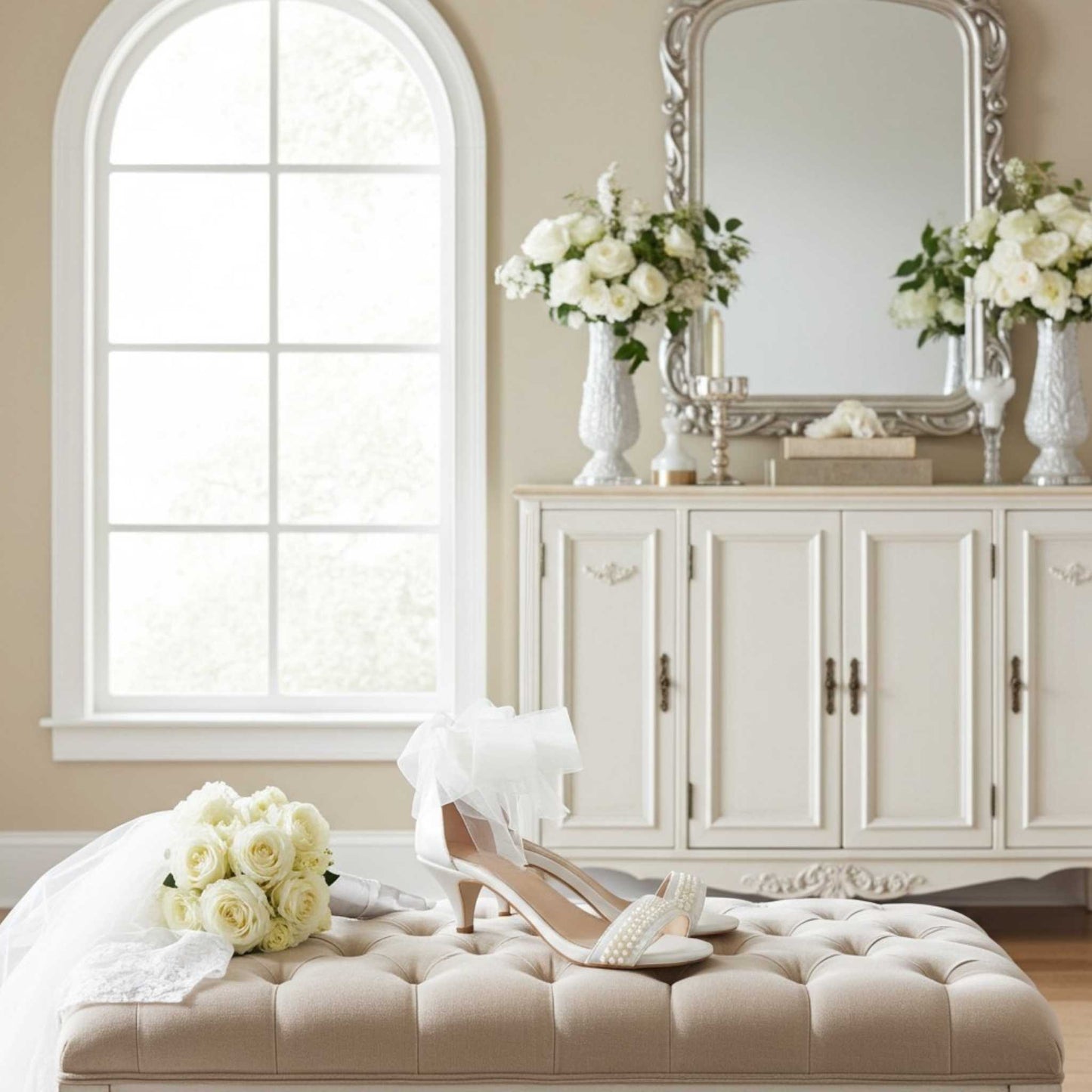 Pearl bridal shoes in ivory with kitten heels on a stool with flower arrangements and ornate mirror.