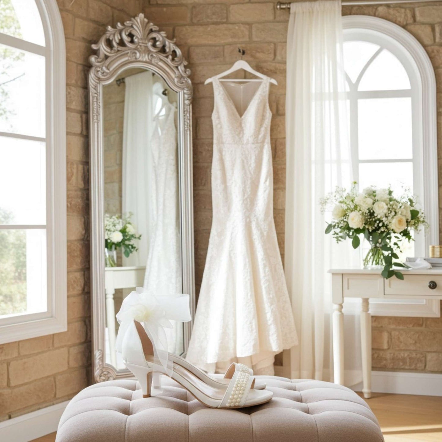 Pearl wedding heels with wedding dress hanging in a room with a mirror and flowers.