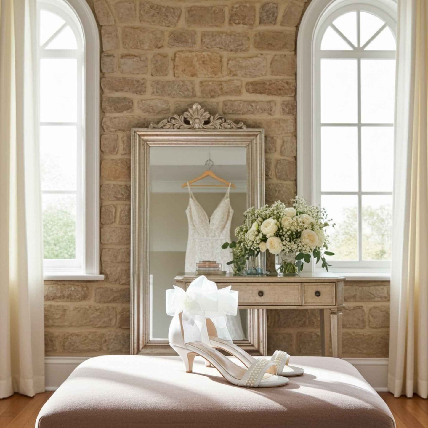 Low heel pearl bridal shoes with a wedding dress on a hanger with white shoes and flowers in a room with stone walls and large windows.