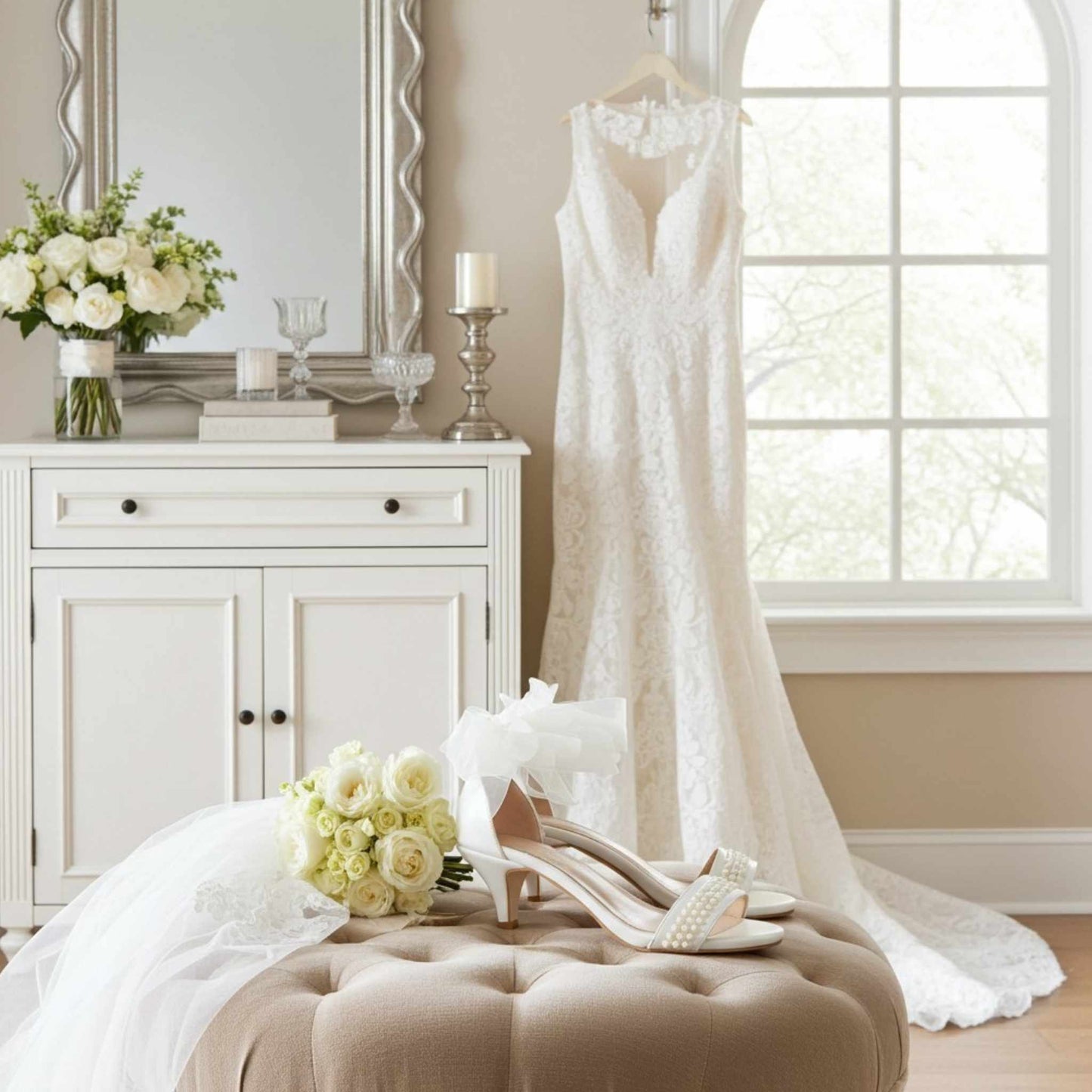 Pearl kitten heel wedding shoes with wedding dress on a hanger in a room with flowers and a mirror.