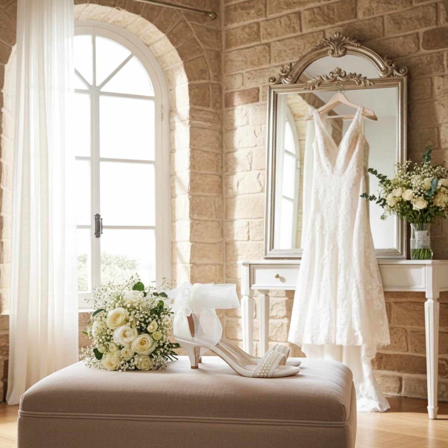 Wedding dress hanging on a mirror with a bouquet and bridal shoes on an ottoman in a room with stone walls.