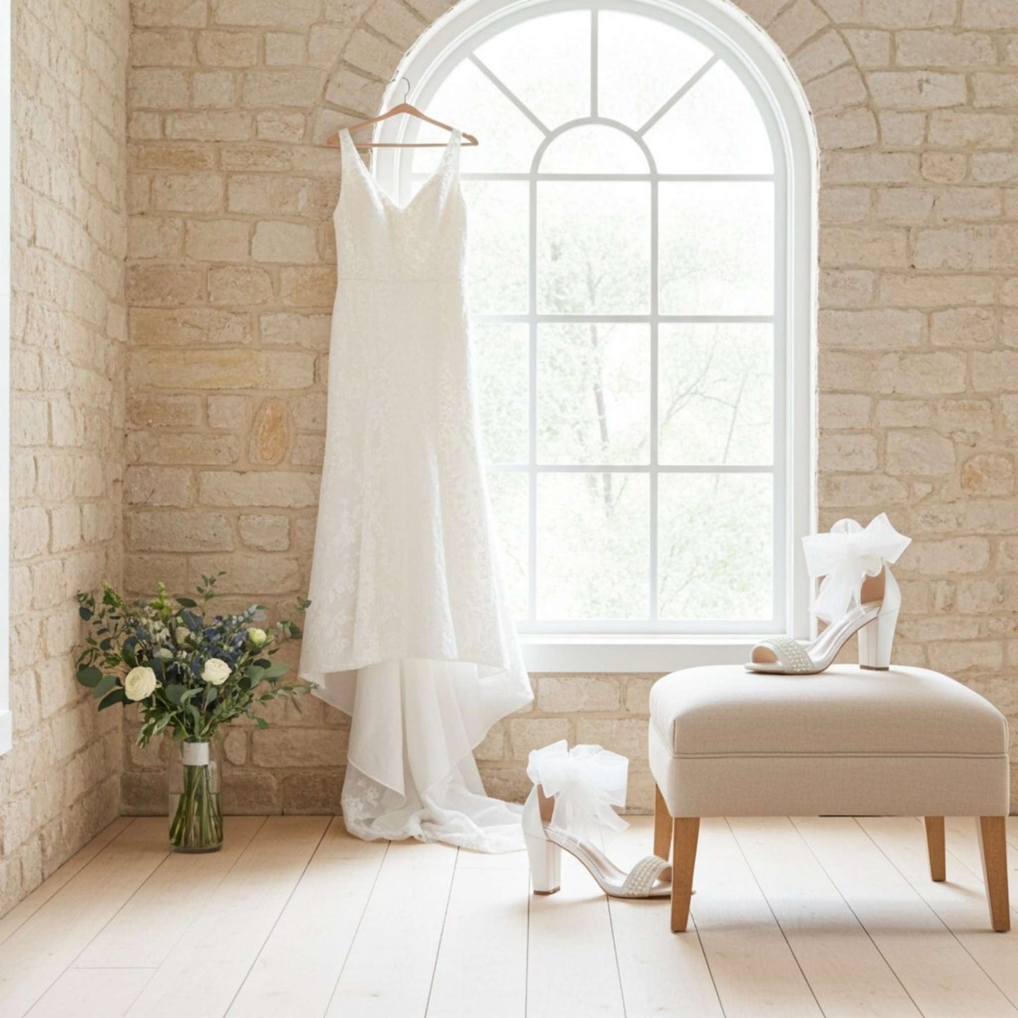 Pearl open toe block heel wedding shoes with a wedding dress hanging on a brick wall with a window in the background
