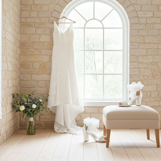 Pearl open toe block heel wedding shoes with a wedding dress hanging on a brick wall with a window in the background