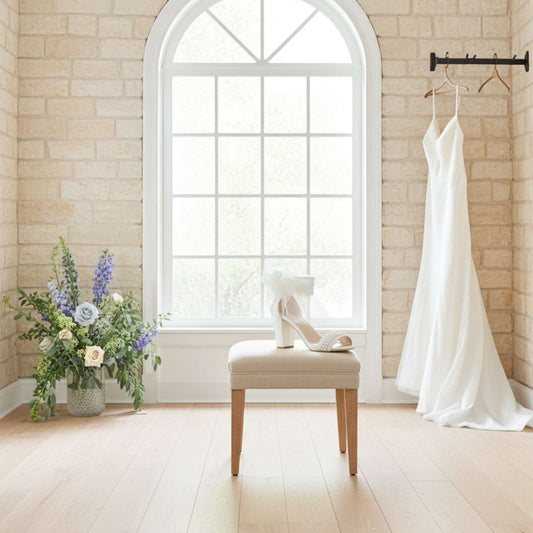 White wedding dress hanging on a rack, block heel bridal shoes on a stool, and floral arrangement in a room with a large window.