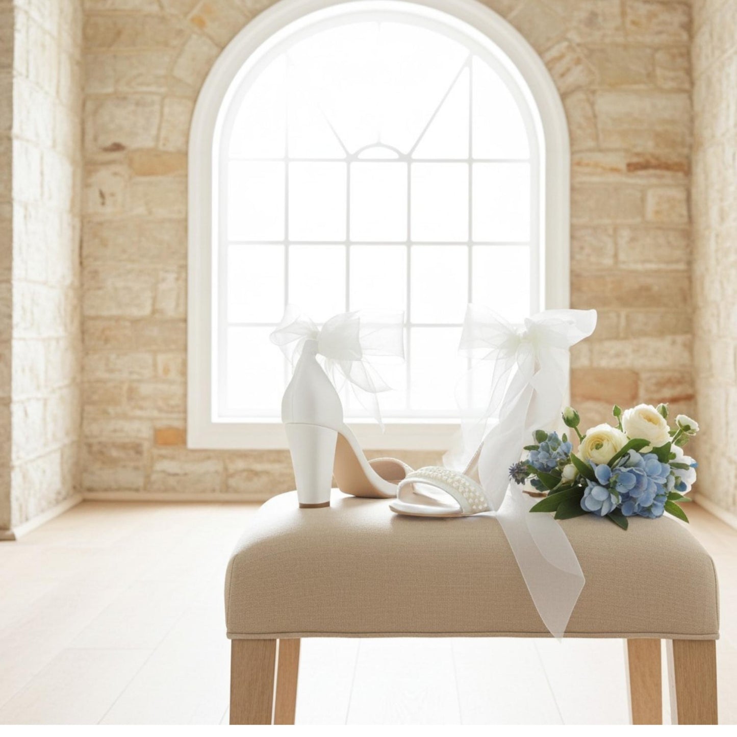 Beige chair with ivory pearl wedding shoes and a bouquet of flowers in front of a stone wall with an arched window.