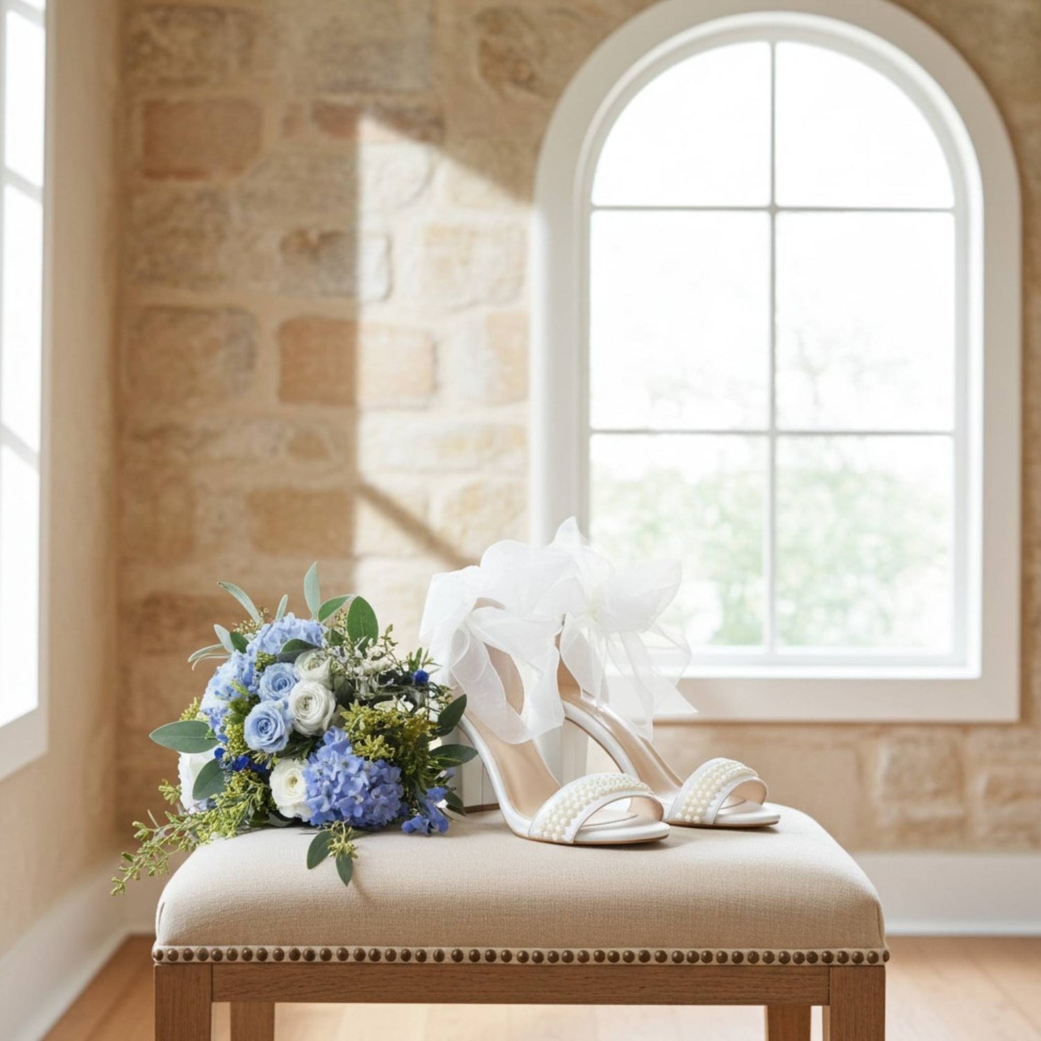 Ivory wedding shoes with pearls and bouquet on a cushioned stool in a sunlit room with stone walls.