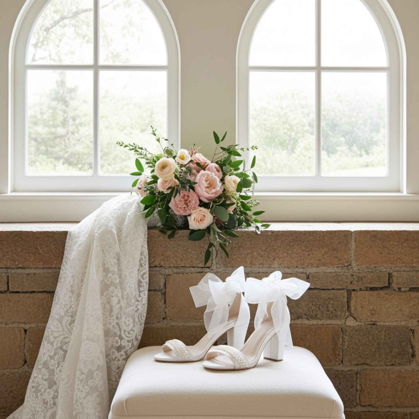 Ivory wedding shoes with organza straps and a bouquet of flowers on a cushion in front of a window.