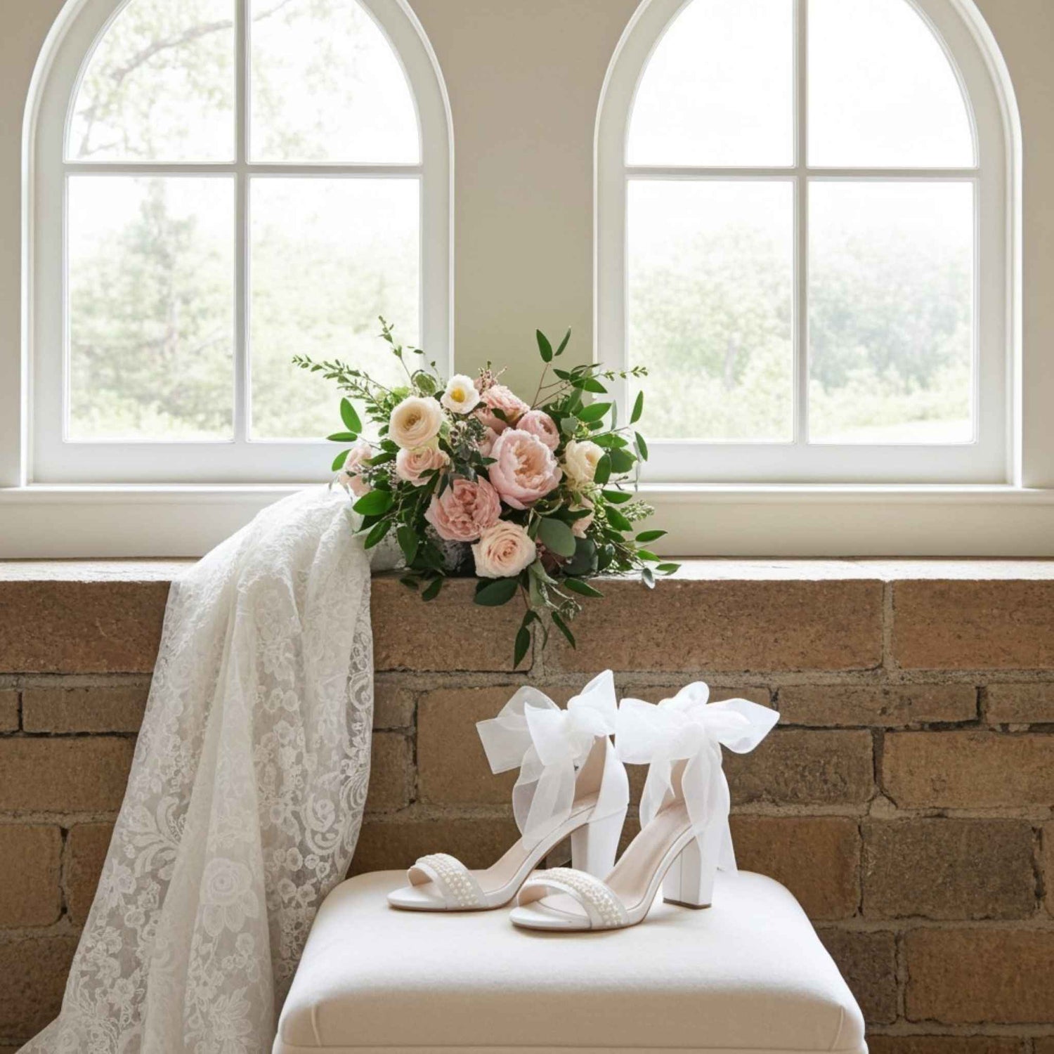 Ivory wedding shoes with organza straps and a bouquet of flowers on a cushion in front of a window.