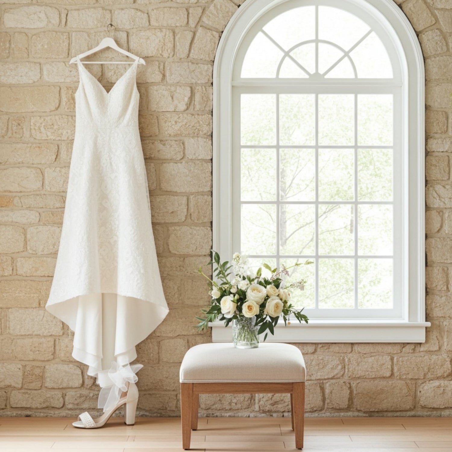 White wedding dress hanging on a brick wall with a window in the background. A pretty bridal shoe is below the gown.