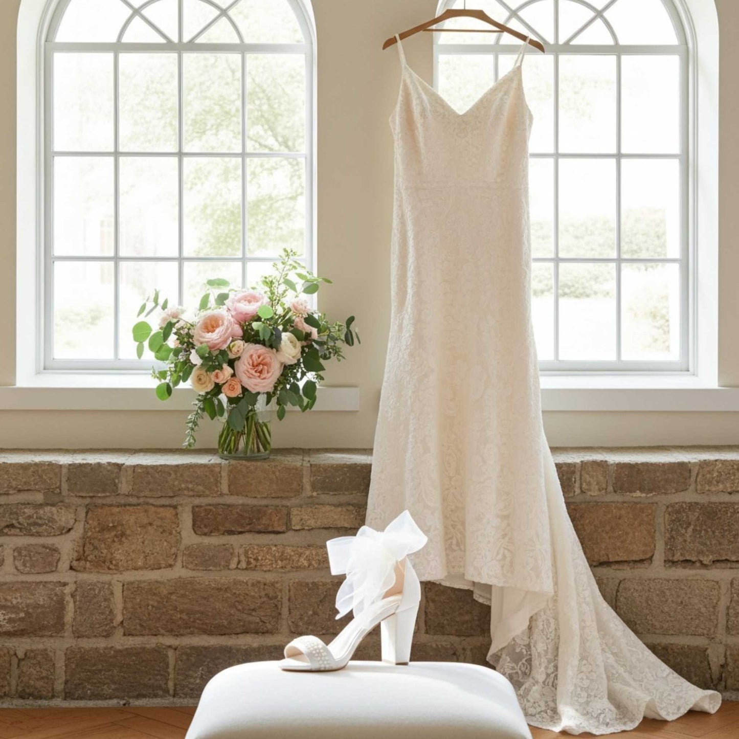White lace wedding dress hanging on a brick wall with a bouquet of flowers and ivory open-toe bridal shoes below.