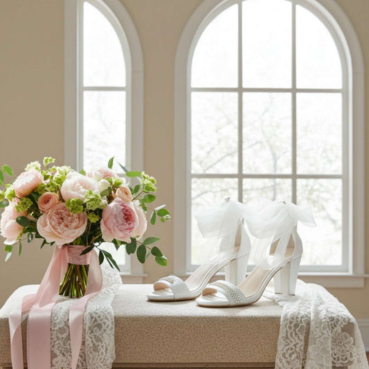 Ivory high-heeled shoes with crystals and a bouquet of pink flowers on a lace-covered surface with large windows in the background.