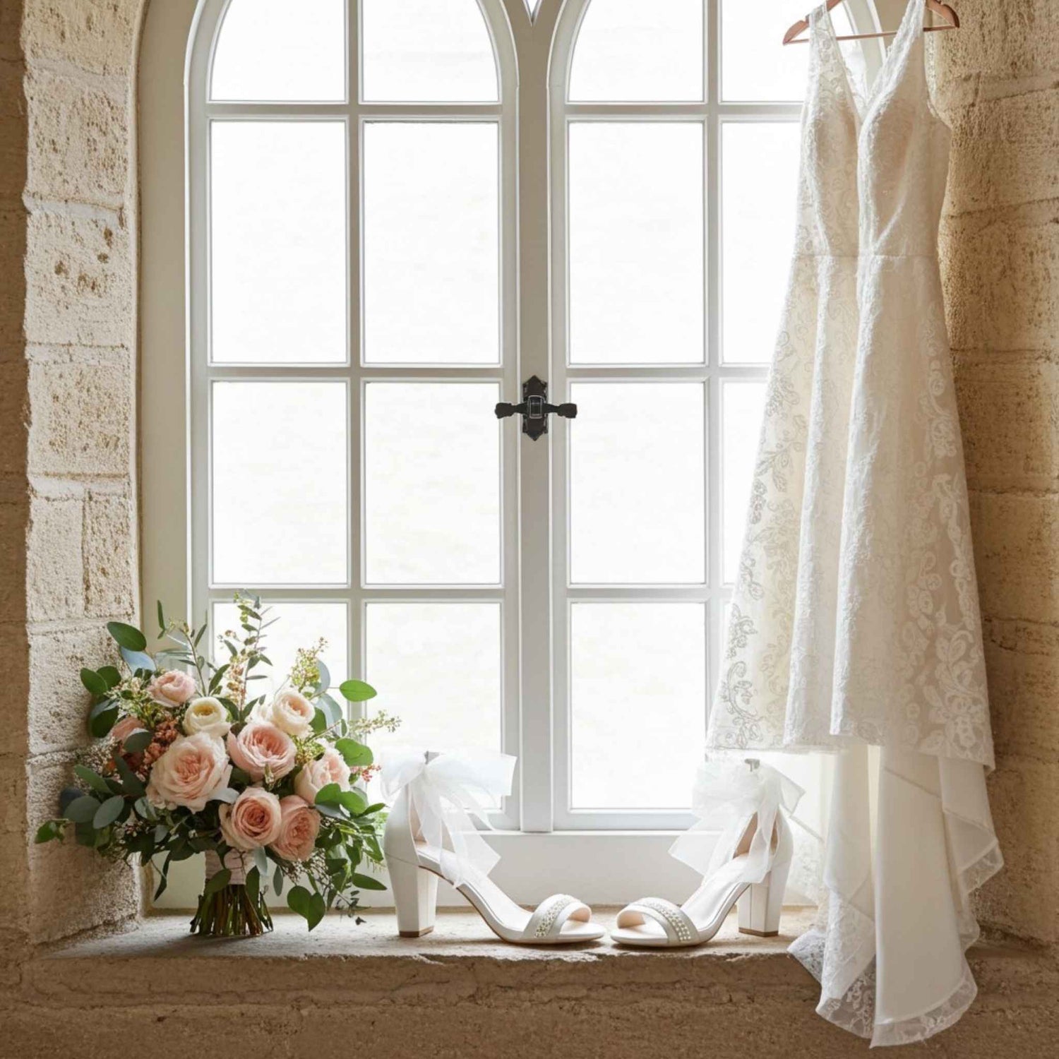 White lace wedding dress hanging on a hook next to a bouquet of flowers in a room with large windows. Block heel bridal shoes are also on the window sill.