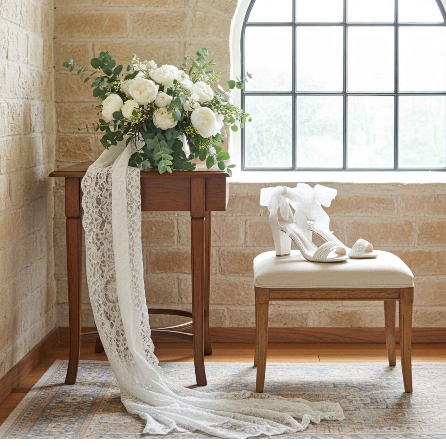 Bouquet of white flowers on a wooden table with a lace garment draped over it, next to a chair with ivory wedding shoes on a wooden floor.