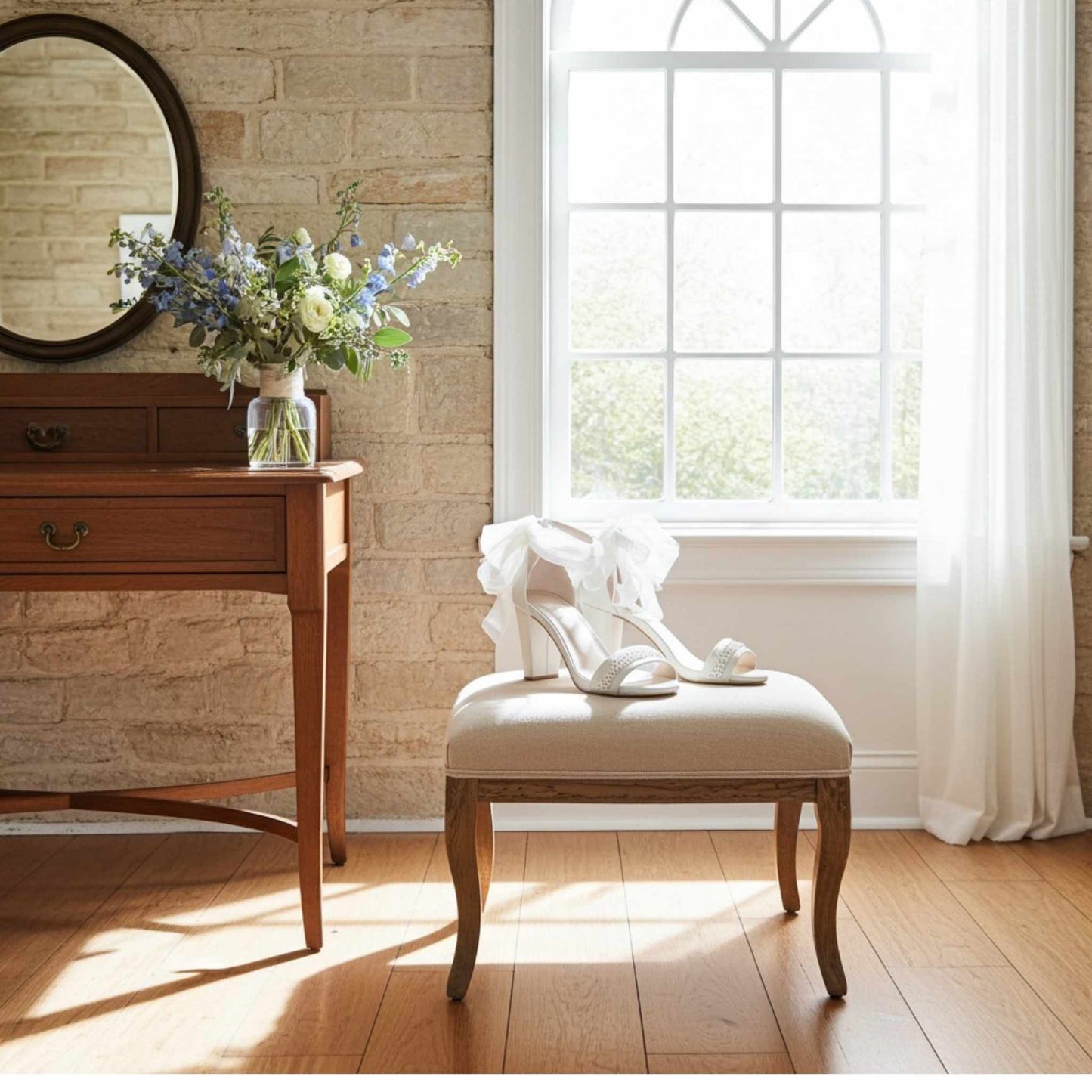 Wooden vanity with mirror, flowers, and a stool with ivory crystal shoes in a bright room.