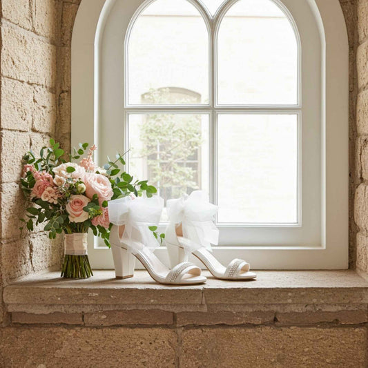 Ivory high-heeled rhinestone shoes and a bouquet of flowers on a stone window sill with a large arched window in the background.