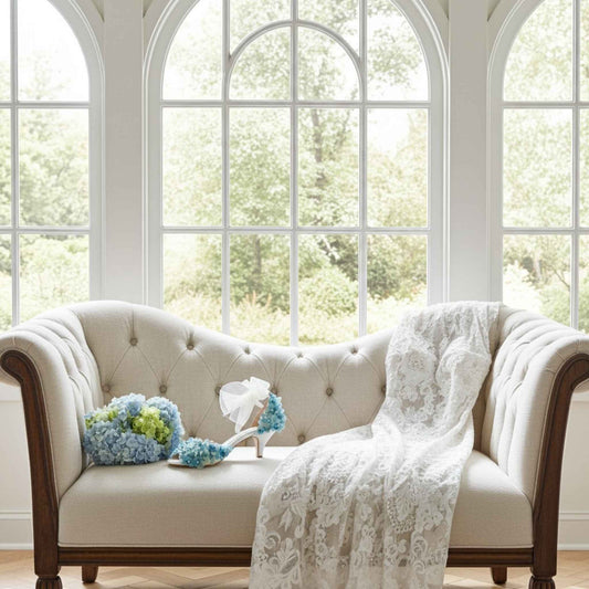 Beige sofa with a lace gown, floral bridal shoe with kitten heel and floral arrangement in a sunroom with large windows.