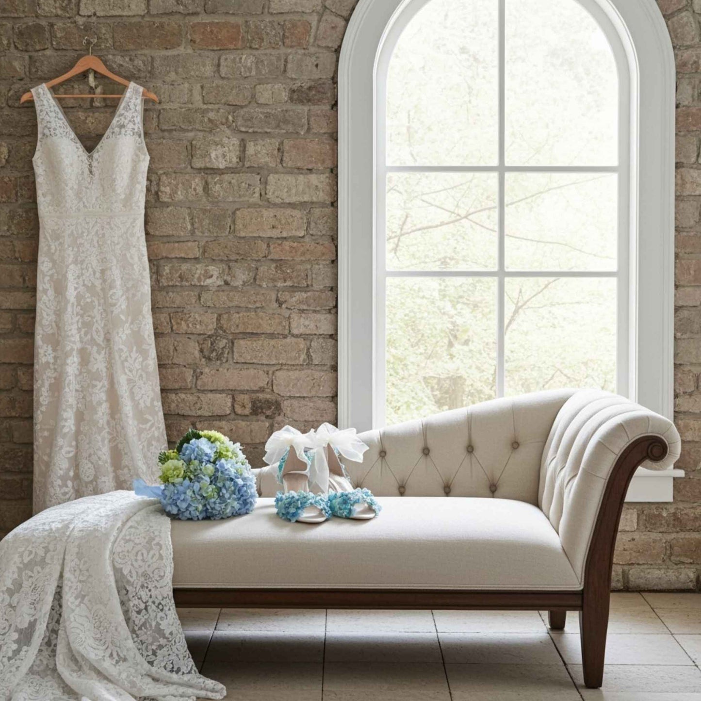 White lace dress hanging on a brick wall with a white chaise lounge and flowers and bridal shoes in front.