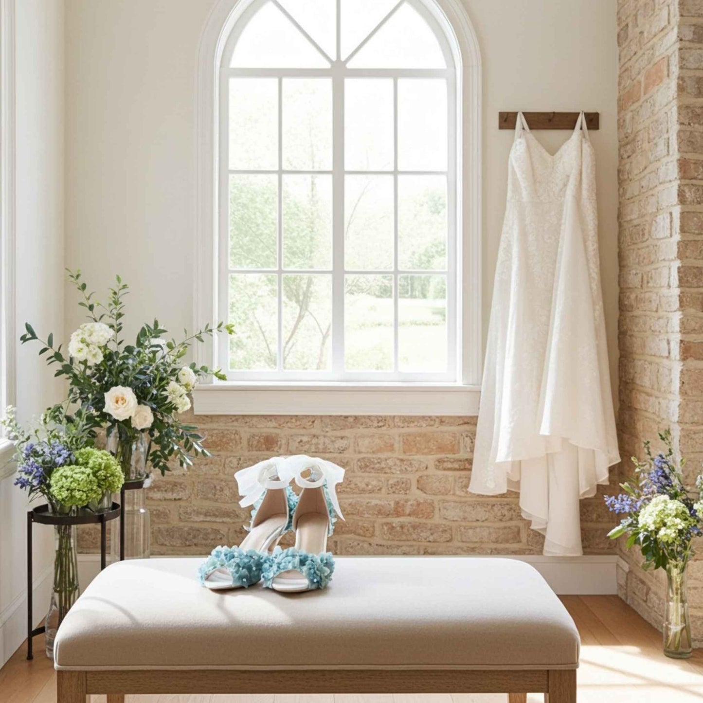 Pretty blue wedding shoes with an ivory wedding dress hanging on a rack in a room with flowers and a bench.