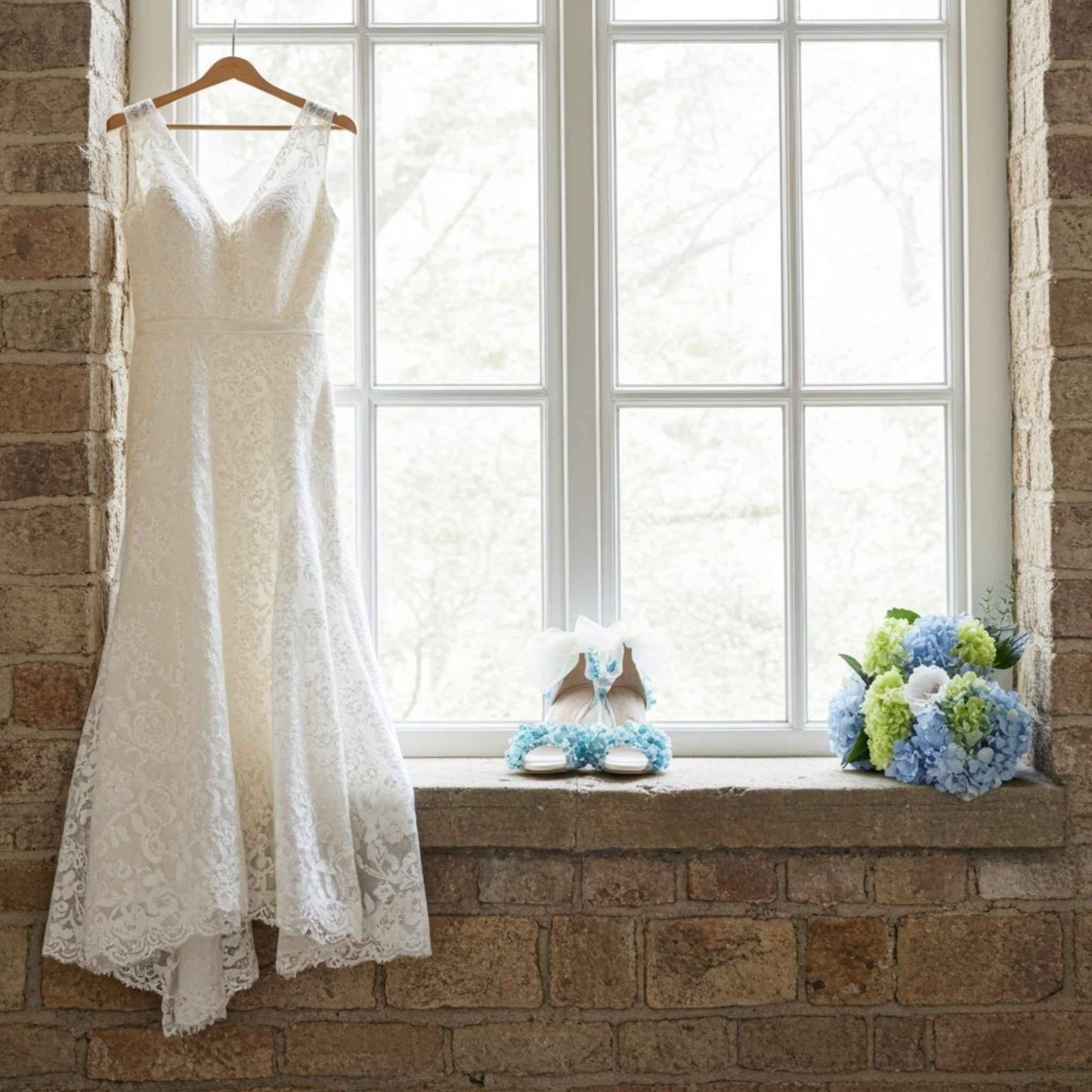 White lace wedding dress hanging on a brick wall with a window in the background. Bridal shoes are show in the centre with floral decorations.