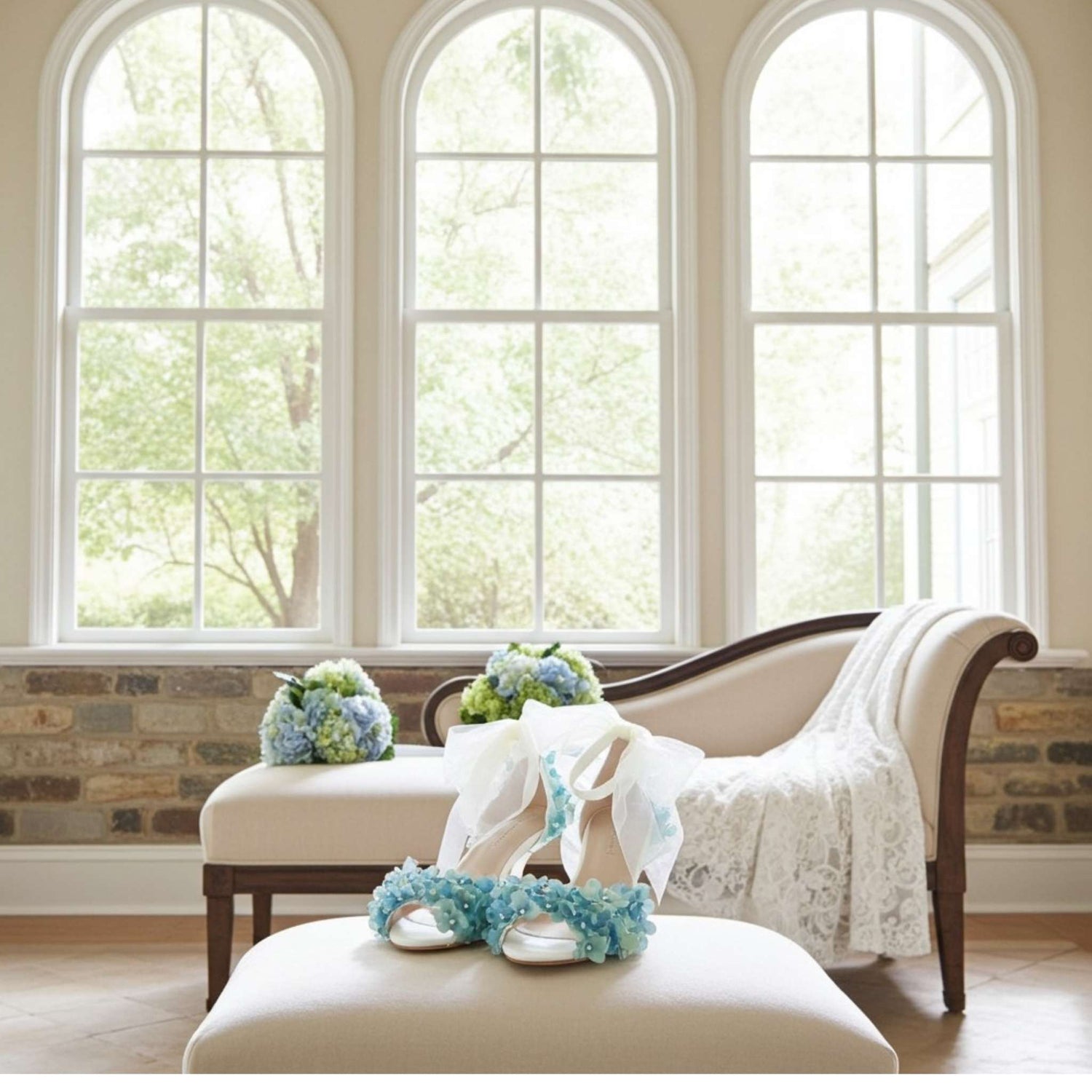 Decorative shoes with floral decorations on an ottoman in a sunlit room with large windows.