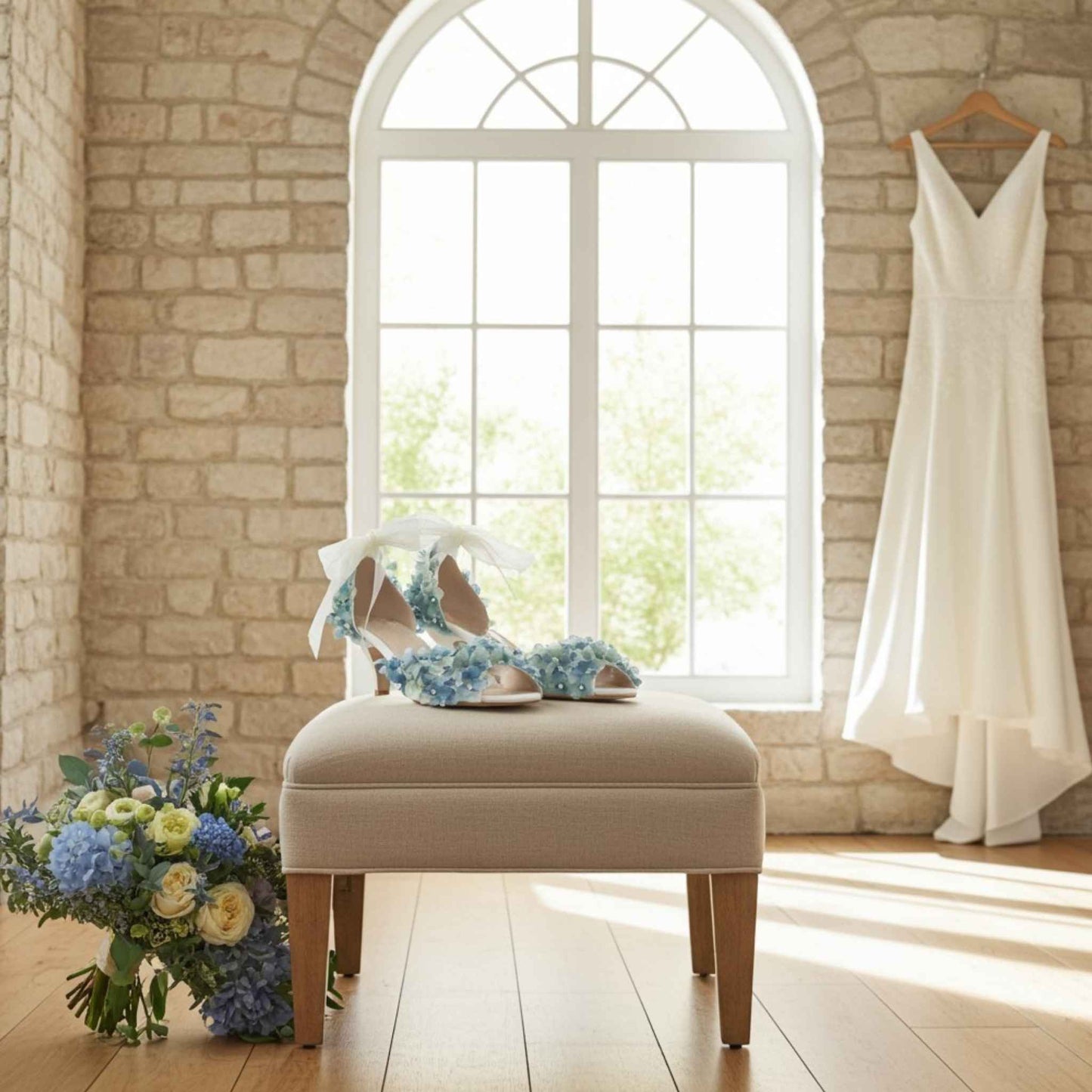 Wedding shoes with floral design on a stool next to a bouquet of flowers, with a wedding dress hanging in the background.
