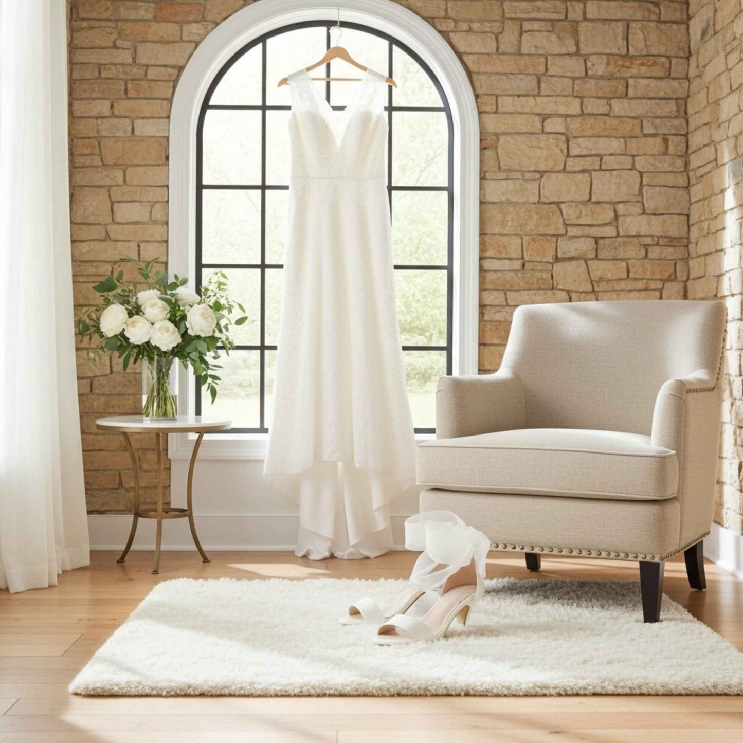 Open toe bridal shoes with wedding dress hanging in a room with a beige armchair and a vase of flowers on a small table.