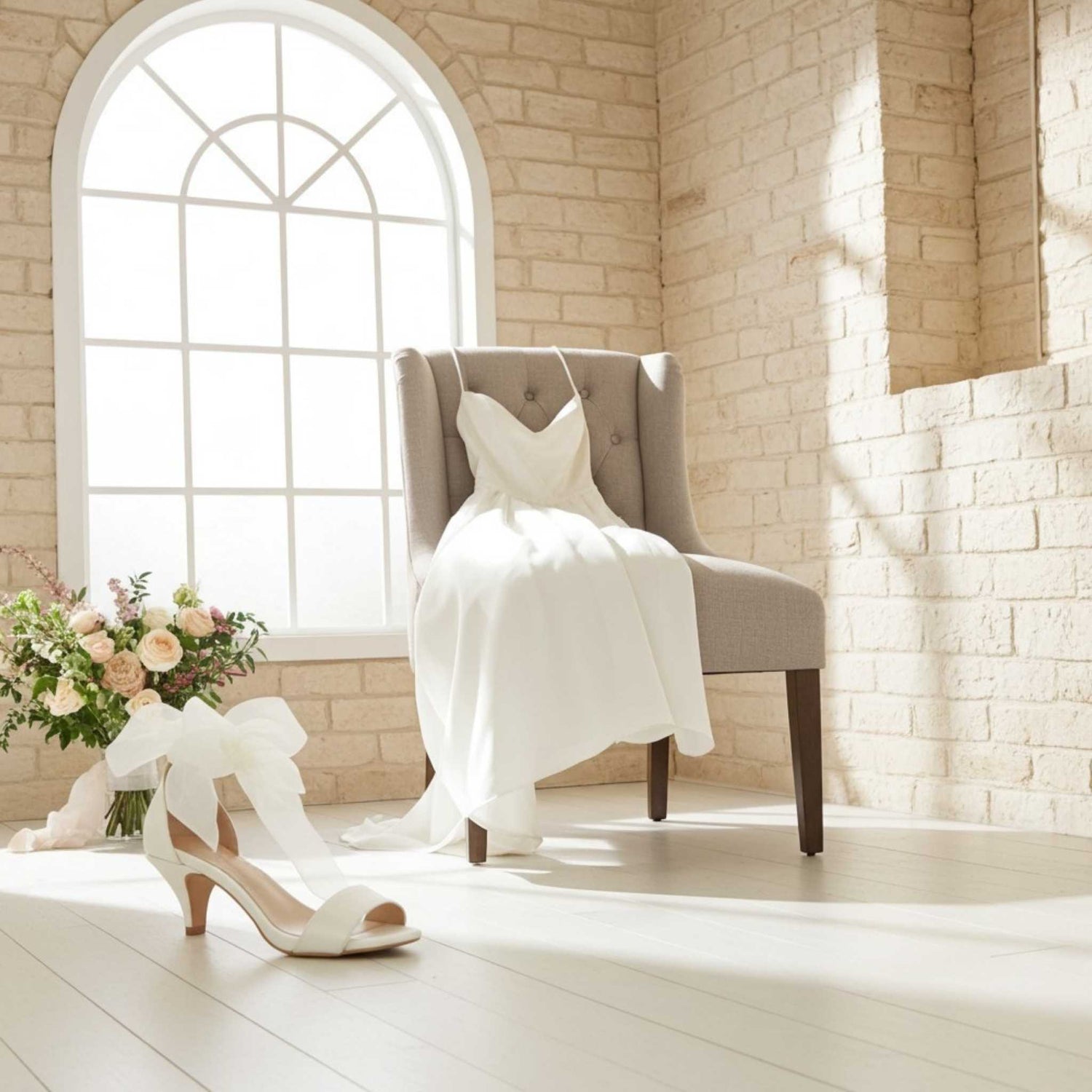 Chair with a white garment draped over it, ivory kitten heeled wedding shoes, and a floral arrangement on a wooden floor.