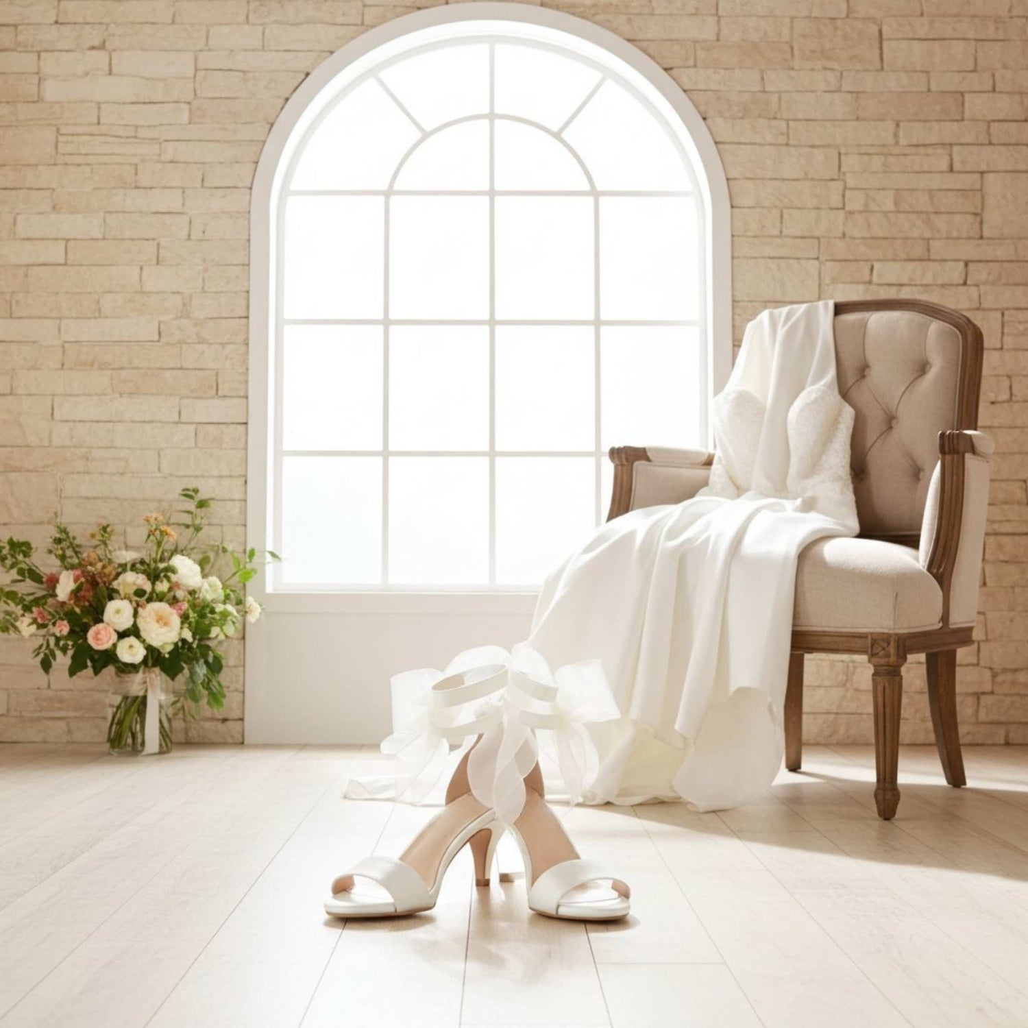 Kitten heel open toe bridal shoes in a room with a chair and flowers.