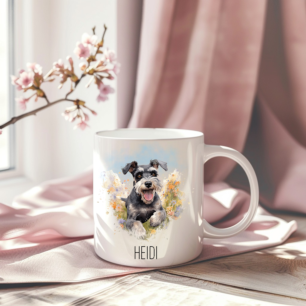 A pink drape sets the background for white ceramic mug with the image of a happy Miniature Schnauzer in a floral setting with a blue sky.  A stem of small pink flowers accessorizes the image