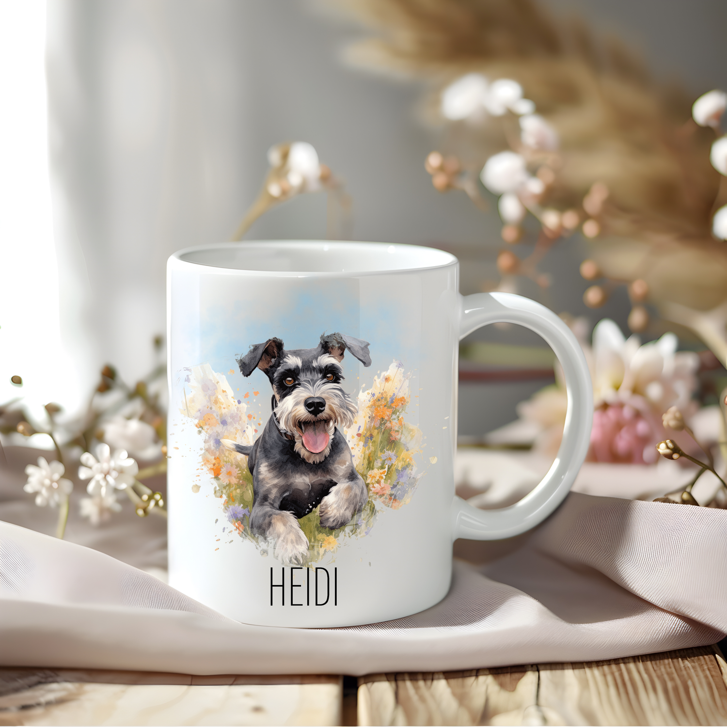 A lovely Miniature Schnauzer coffee mug personalised with a pet name.  The mug is sat on a wooden surface with a creamy coloured cloth and a variety of flowers decorate the background