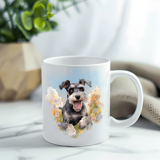 This coffee mug features a Miniature Schnauzer among wildflowers on a white ceramic mug which has been placed on a grey marble surface.  A green plant sits in the left corner.