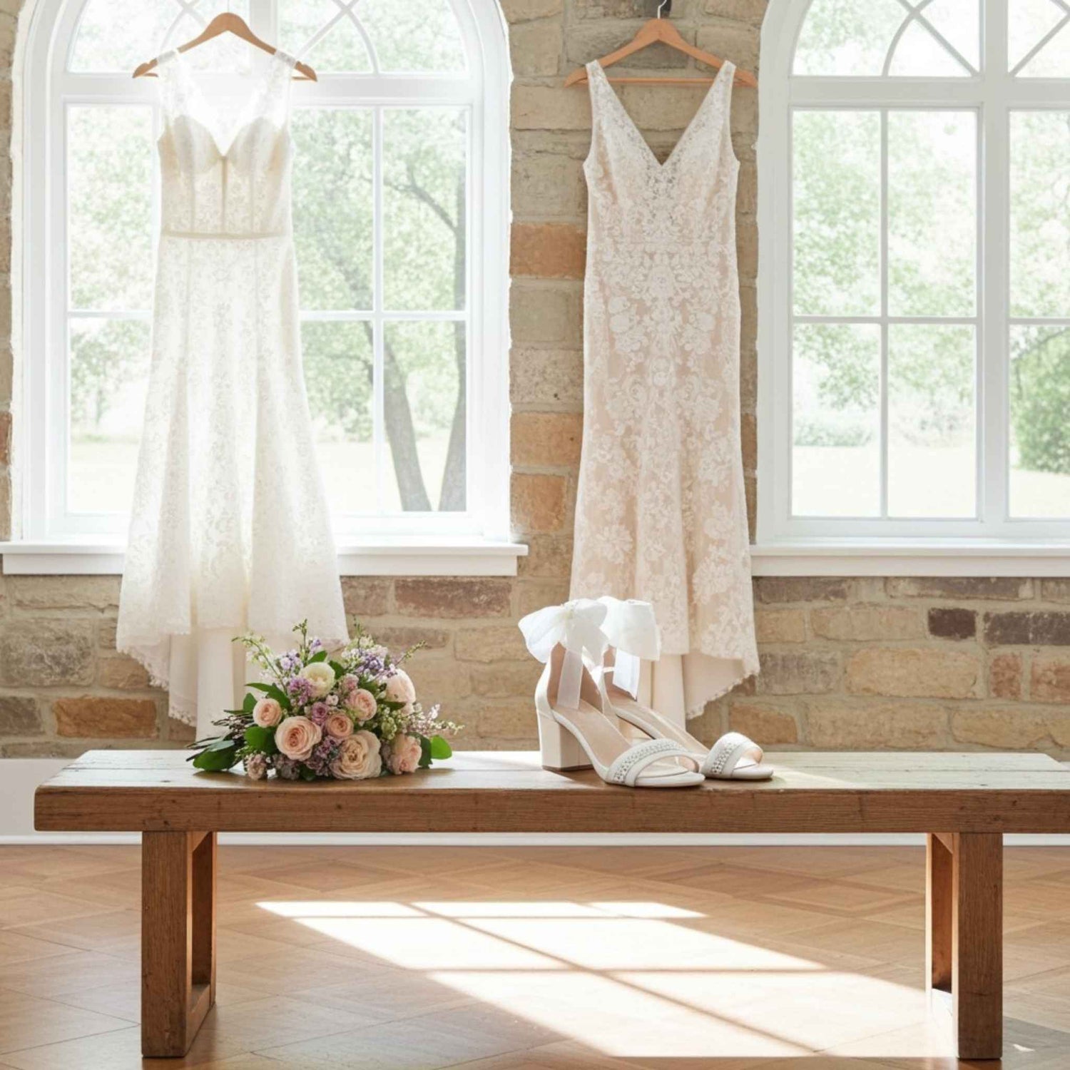 Two wedding dresses hanging on a brick wall with a wooden bench and flowers in front. Open toe bridal shoes are on a bench