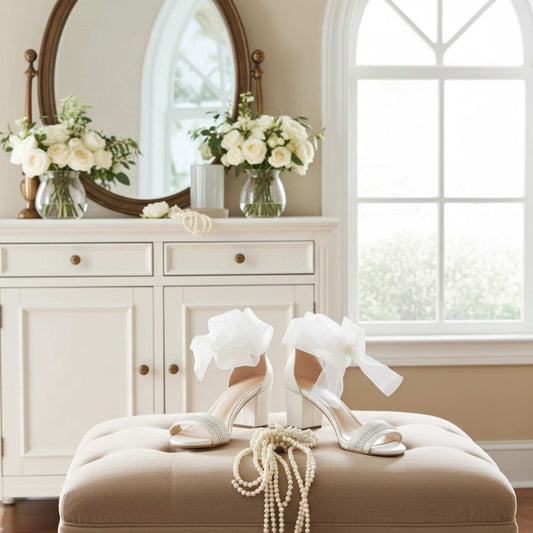 Ivory mid-heeled shoes with bows on a beige cushion in a room with a mirror and flowers.