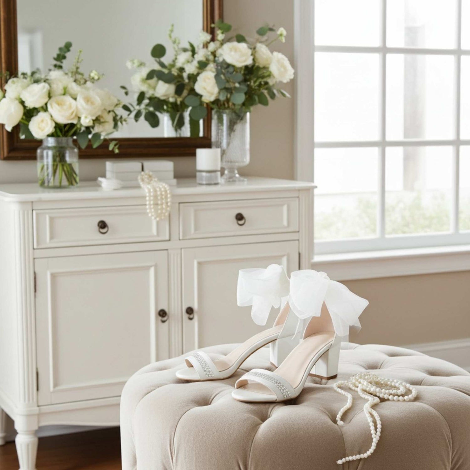 Ivory low-heeled shoes with bow on a beige ottoman in a room with a dresser and flowers.