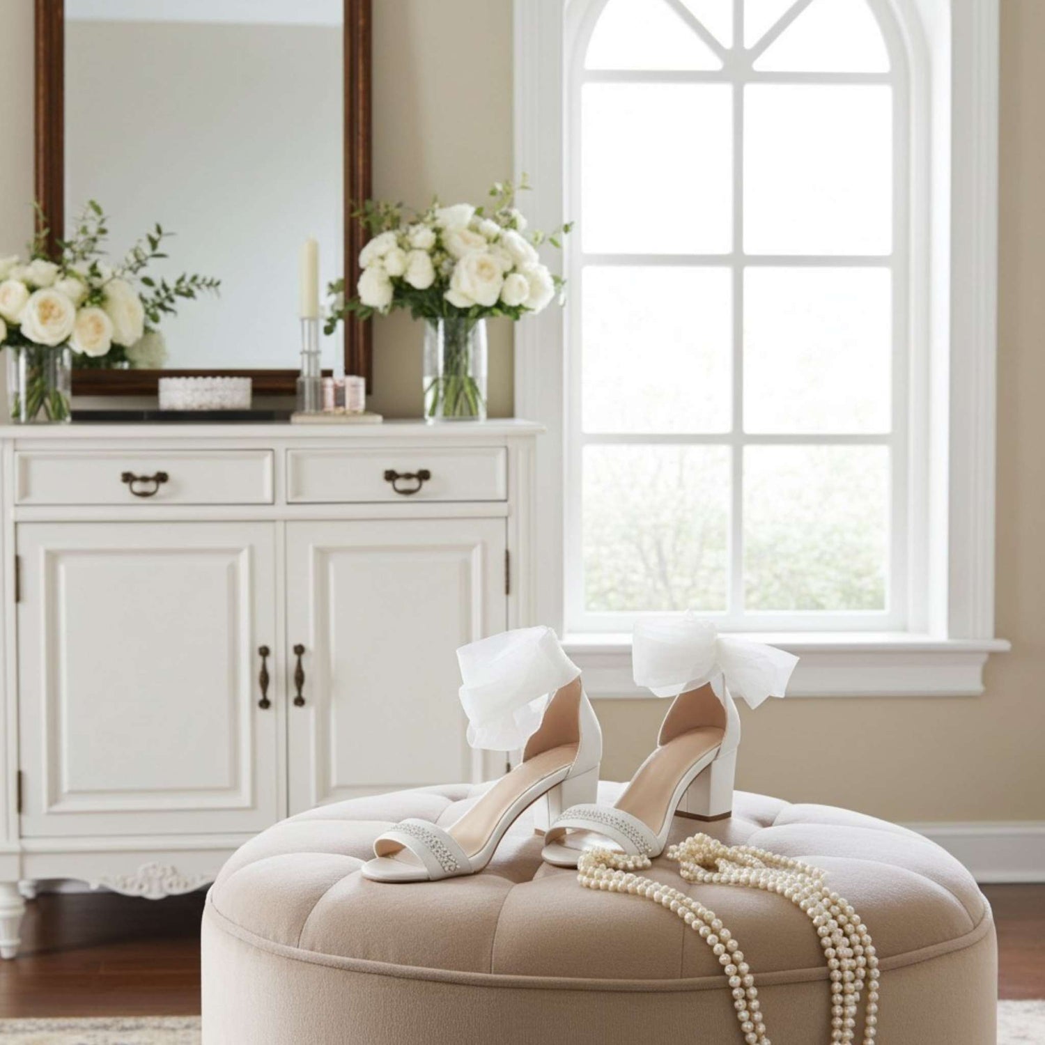 Mid-heeled shoes and pearls on a beige ottoman in a stylish room with a window and cabinet.