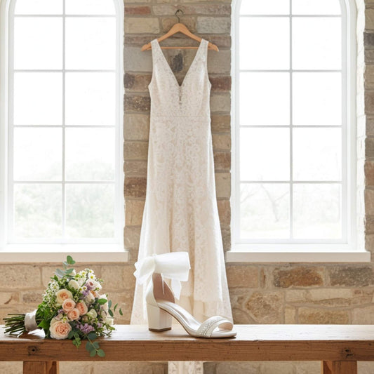 White wedding dress on a hanger with crystal low block wedding shoes and bouquet on a wooden table against a stone wall.