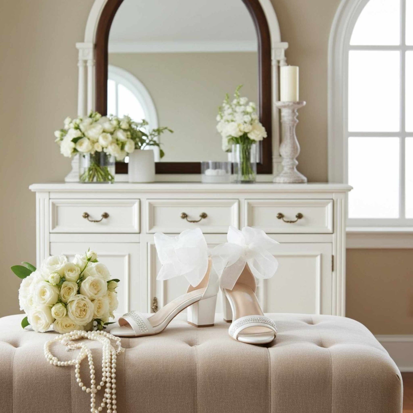 Ivory crystal mid-heeled shoes with ribbons on a beige ottoman in front of a white dresser with floral arrangements.