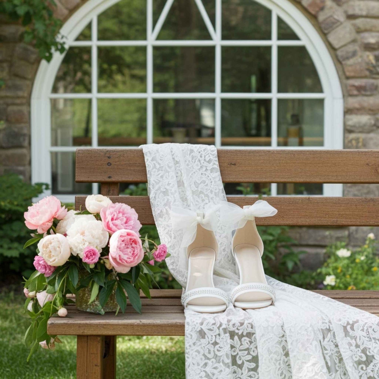 Wooden bench with a bouquet of pink flowers and a white lace garment in an outdoor setting, open toe bridal shoes are placed on the lace