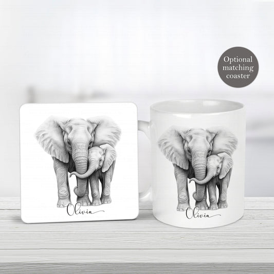A white ceramic mug with a personalised elephant design printed on it, accompanied by a matching coaster. The mug and coaster have the name 'Olivia' printed on them.