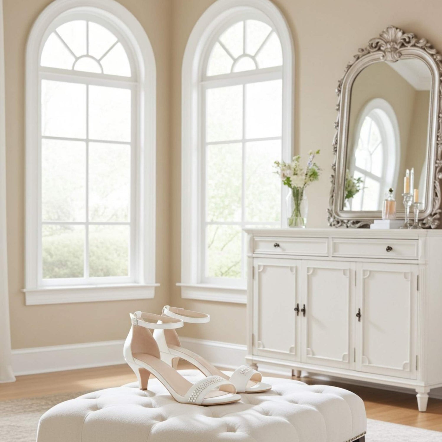 Ivory low heel bridal shoes with crystals on a white ottoman in a room with arched windows and a decorative mirror.
