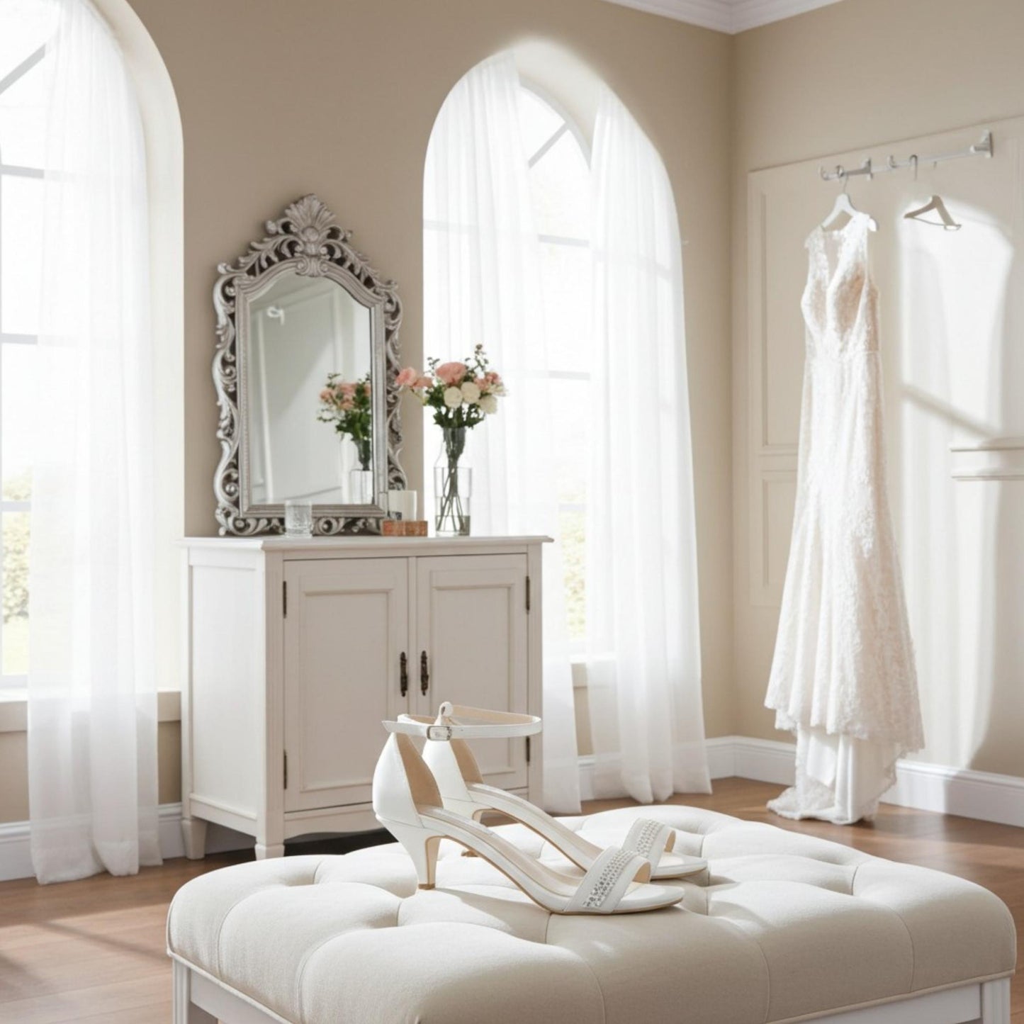 Bridal room with wedding dress hanging, ivory open toe low heel bridal shoes on ottoman, and decorative mirror.